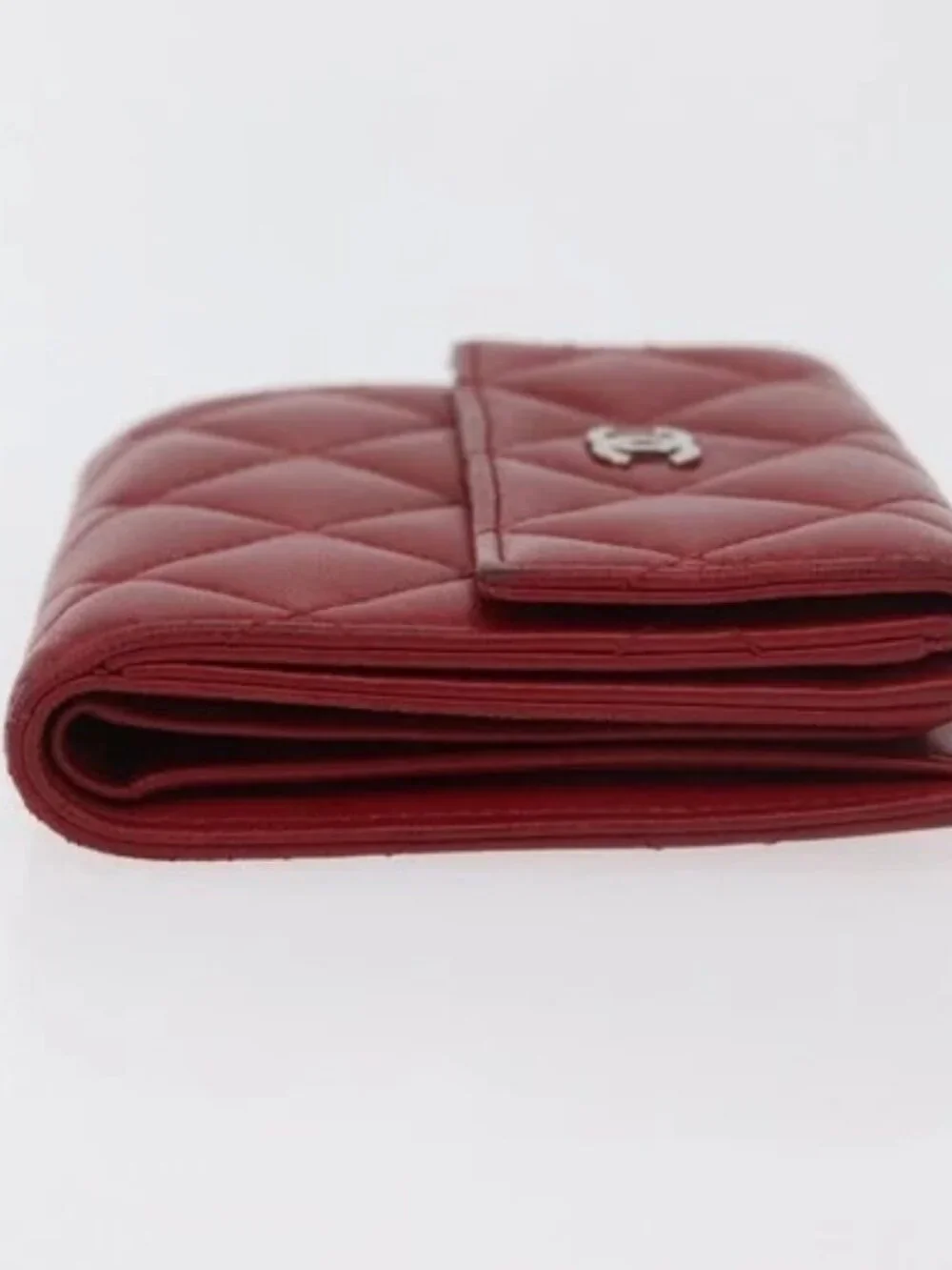 CHANEL Matelasse Compact Wallet Lamb Skin Red Silver CC Auth 179886A